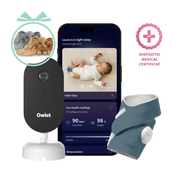 Owlet Dream Duo™ (a 3-a generație) - Owlet Dream Sock<sup>TM</sup> – Șosetă inteligentă 0-18 luni (Albastru) + Owlet Dream Sight™