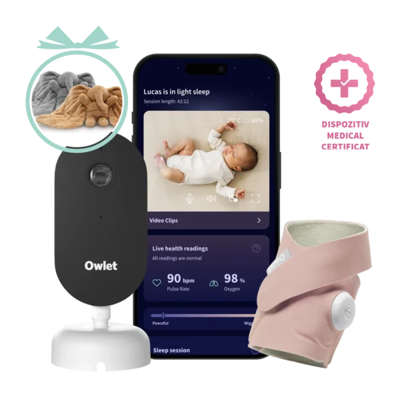 Owlet Dream Duo™ (a 3-a generație) - Owlet Dream Sock<sup>TM</sup> – Șosetă inteligentă 0-18 luni (Roz prăfuit) + Owlet Dream Sight™