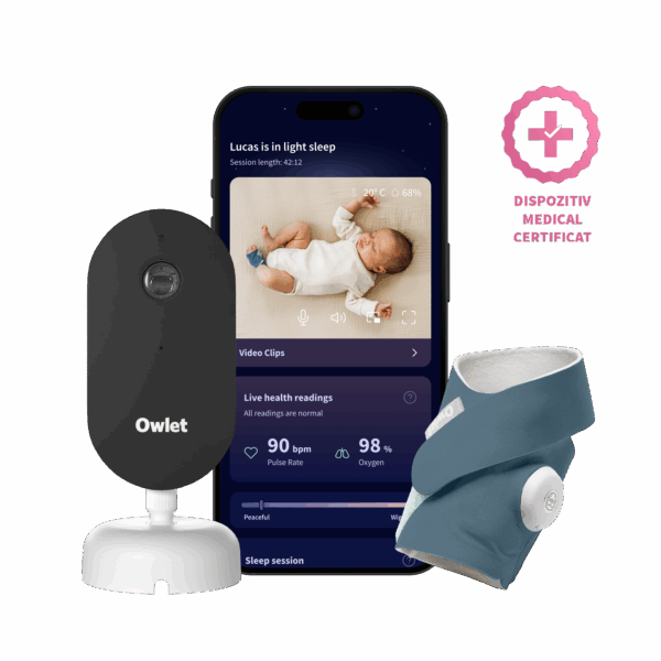 Owlet Dream Duo™ (a 3-a generație) - Owlet Dream Sock<sup>TM</sup> – Șosetă inteligentă 0-18 luni (Albastru) + Owlet Dream Sight™