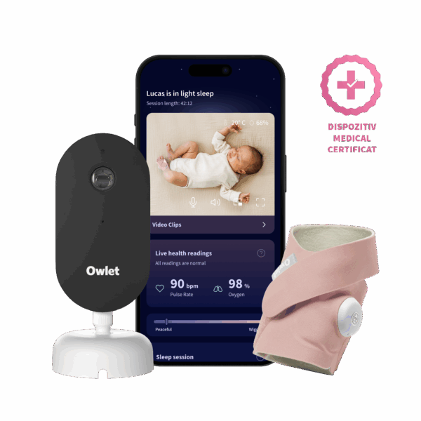 Owlet Dream Duo™ (a 3-a generație) - Owlet Dream Sock<sup>TM</sup> – Șosetă inteligentă 0-18 luni (Roz prăfuit) + Owlet Dream Sight™